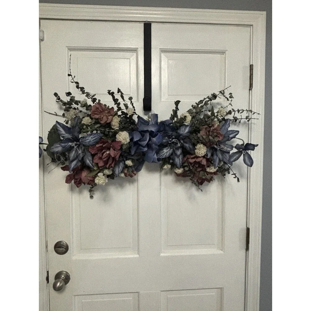 Vintage Dusty Rose, Blue, Cream Eucalyptus Floral Swag Archway Country Chic